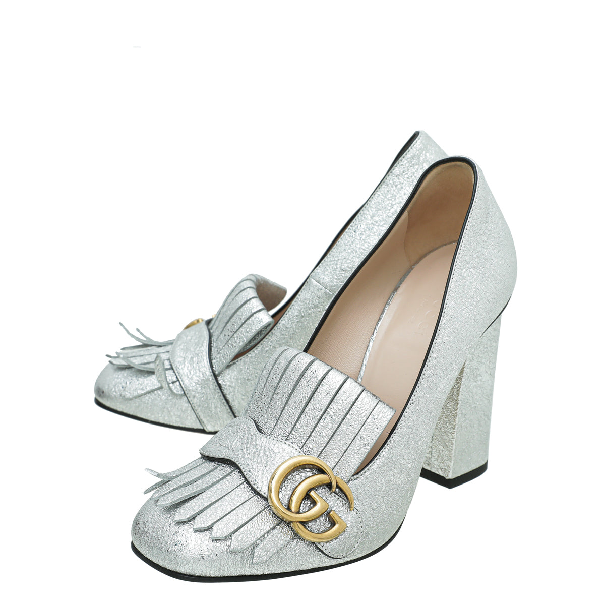 Gucci NIB Size 34 Metallic Silver Marmont Fringe Mid Heel Loafer Shoe Pump