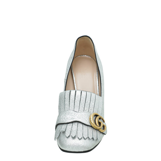 Gucci Silver Metallic Laminate GG Marmont Fringe Loafers Pumps 38