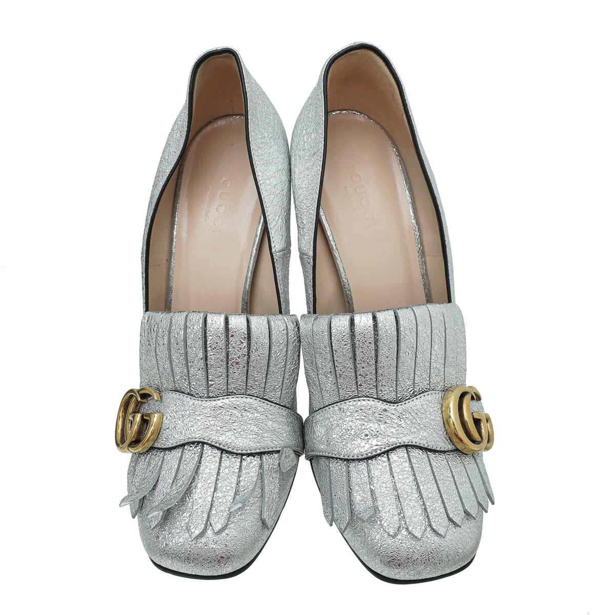Gucci Silver Metallic Laminate GG Marmont Fringe Loafers Pumps 38