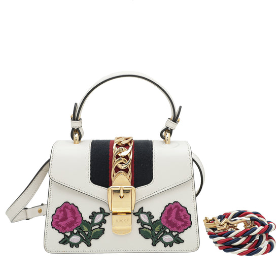 Gucci White Sylvie Floral Embroidered Mini Bag