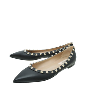Valentino Black Rockstud Calfskin Flat Ballet 37.5
