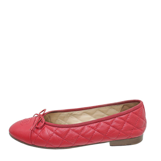 Chanel Red CC Cap Toe Bow Flat Ballerina 38