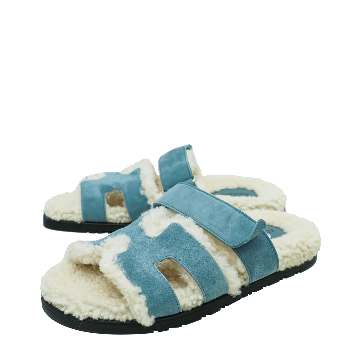 Hermes Bleu Pinède Écru Suede Wool Chypre Sandals 37-Hermes-THE CLOSET