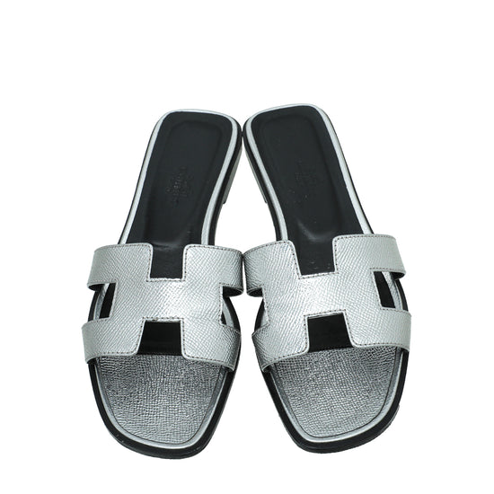 Hermes Gris Argente Oran Metallic Sandal 37.5