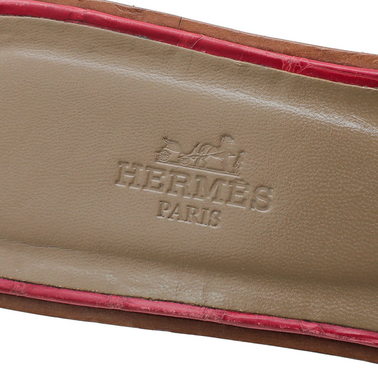Hermes Rouge Crocodile Oran Patent Sandal 37