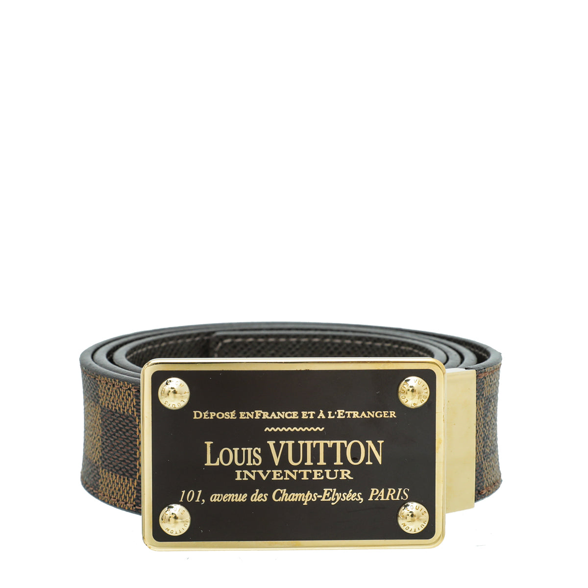 Thắt lưng Belt Louis Vuitton Inventeur nam mặt gương đen, chữ vàng, dây nâu  vàng ô
