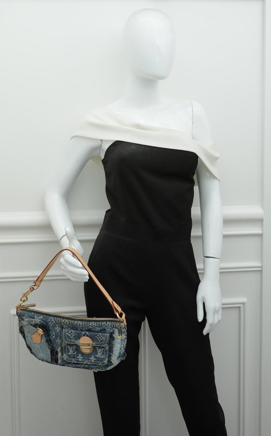 Louis Vuitton Blue Rouge Damier Monogram Denim Patchwork Micro Pochette Bag  - Yoogi's Closet