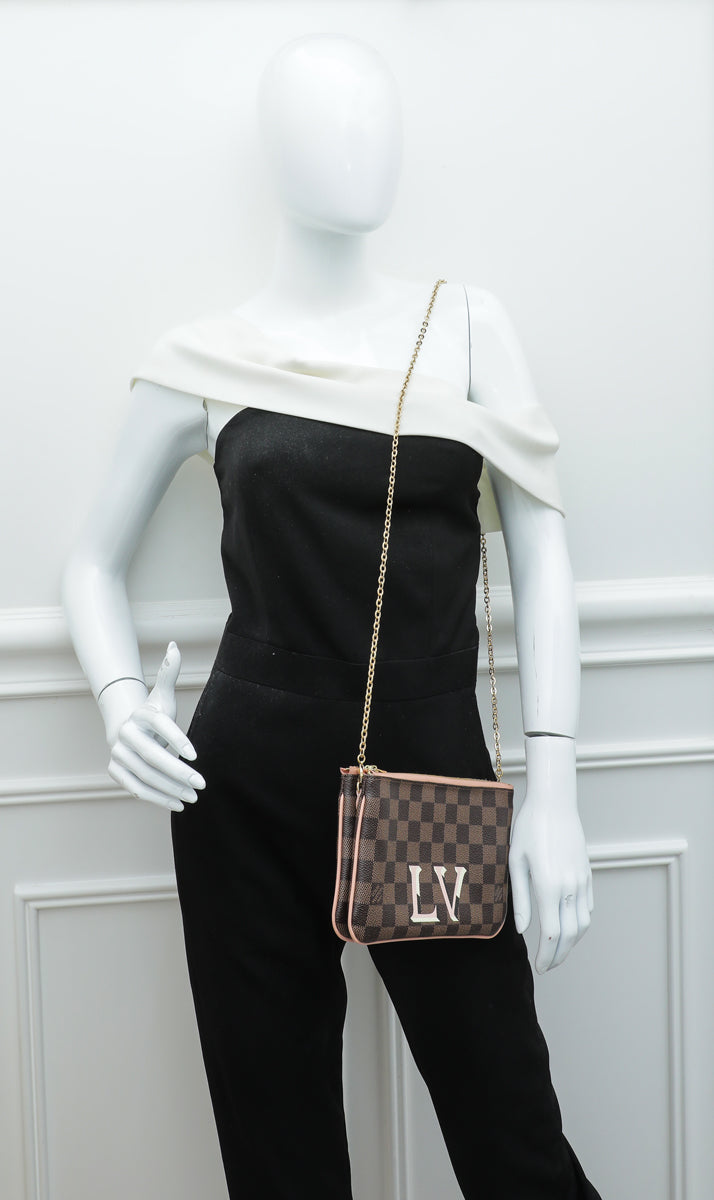 Louis Vuitton Damier Ebene Canvas Double Zip Pochette Bag Louis