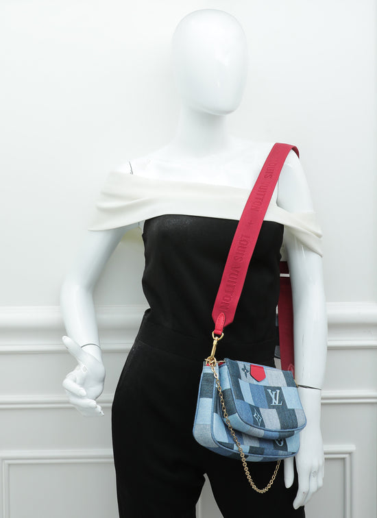 Louis Vuitton Denim Damier Monogram Patchwork Multi Pochette Accessories Blue Rouge