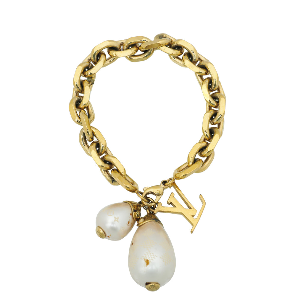 Authentic Louis Vuitton Monogram Damier Teardrop Pearl Bracelet Gold w/Box  Used