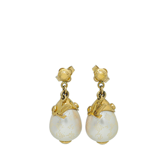 Louis Vuitton Gold Finish Damier Perle Pearl Earrings