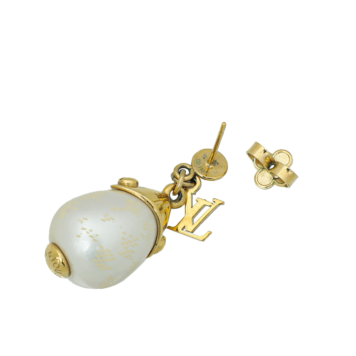 Louis Vuitton Gold Finish Damier Perle Pearl Earrings