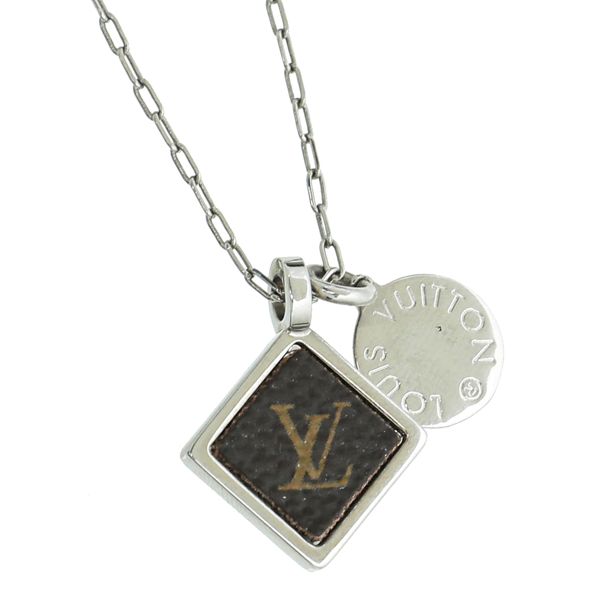 Louis Vuitton Silver Finish Monogram Square Pendant Necklace-Louis Vuitton-THE CLOSET