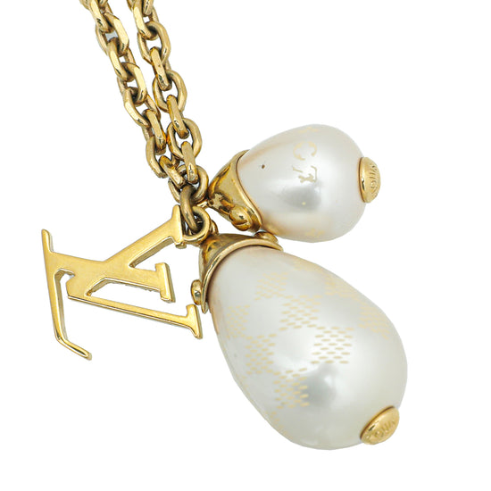 Louis Vuitton Gold Finish Damier Perle Pearl Necklace