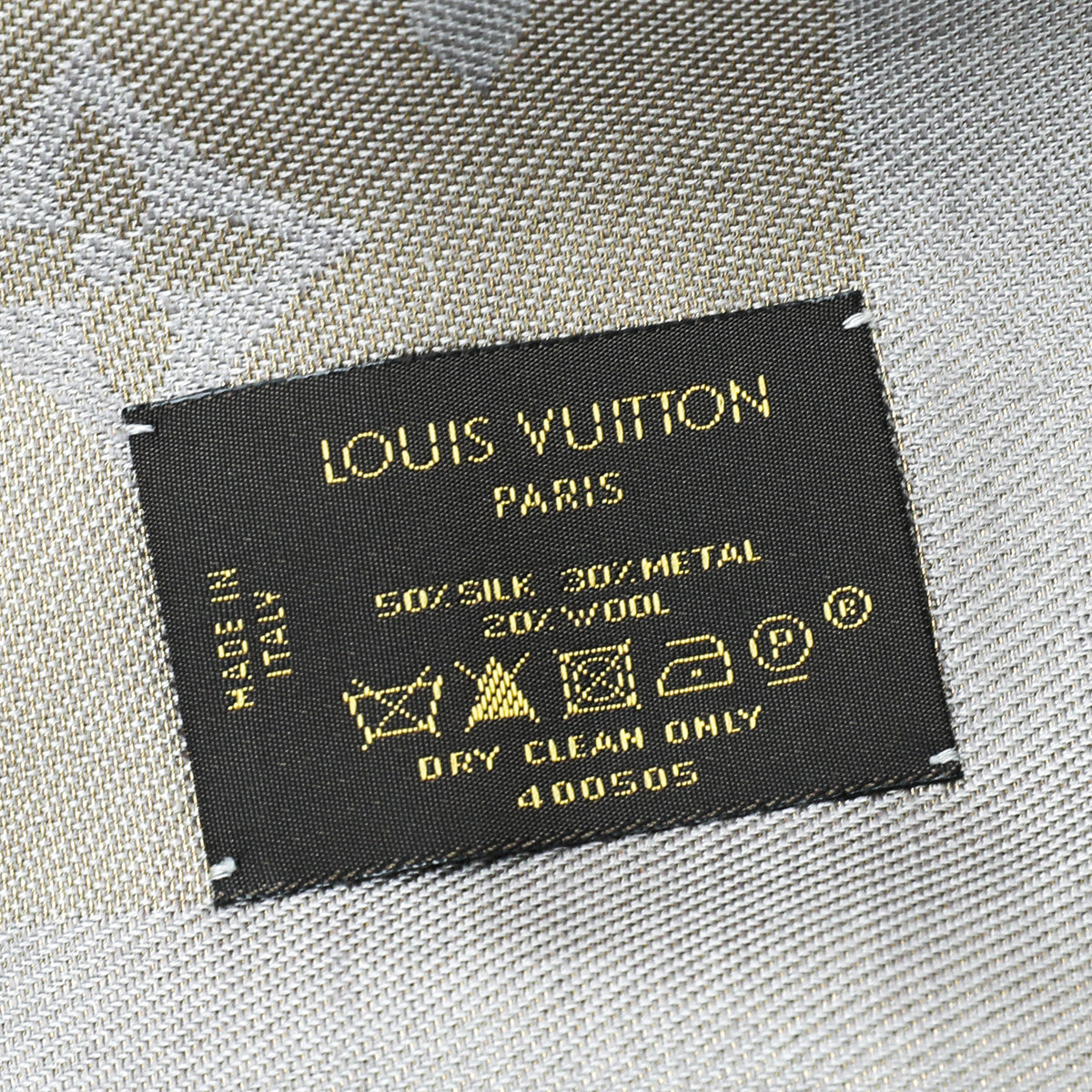 Louis Vuitton, Grey Charcoal Silver Monogram Shine Lv Logo Silk Shawl M