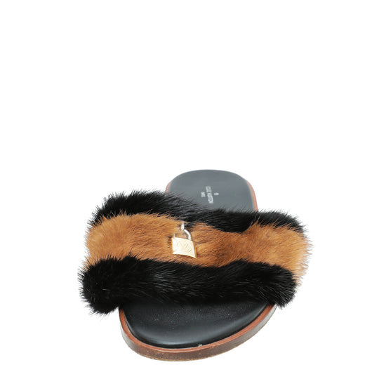 Louis Vuitton Bicolor Lock It Mink Fur Flat Sandal 40