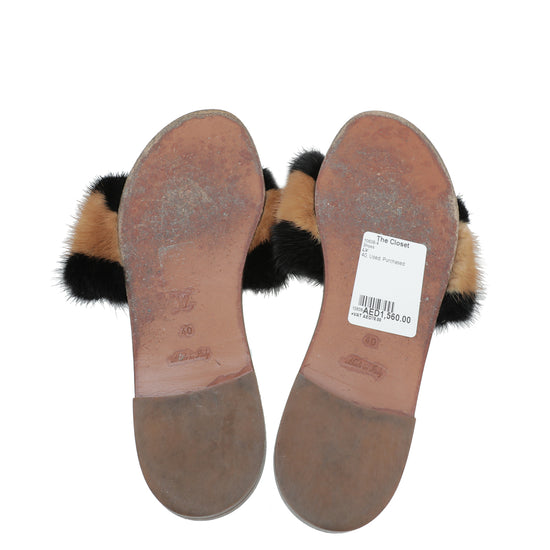 Louis Vuitton Bicolor Lock It Mink Fur Flat Sandal 40