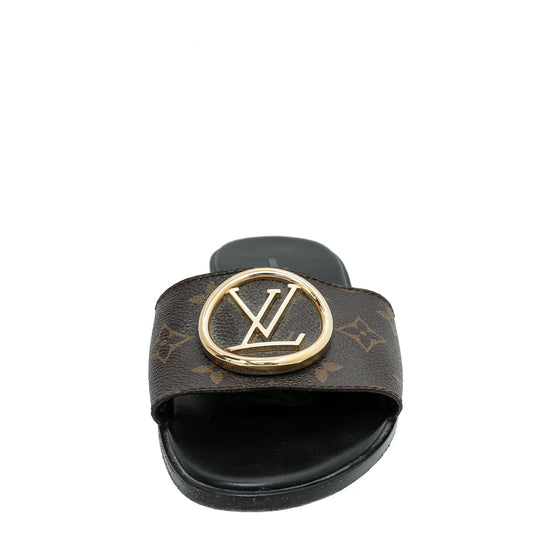 Louis Vuitton Black Grained Leather Lock It Flat Slides Size 41 Louis  Vuitton