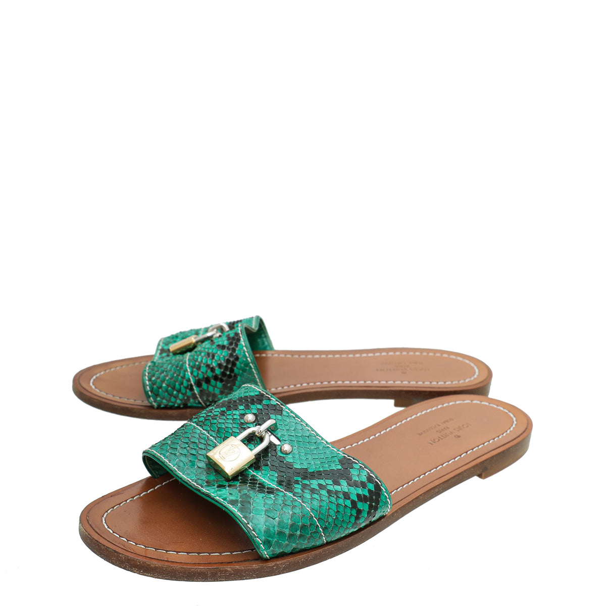 Louis Vuitton Green Python Dubai Exclusive Lock IT Flat Mules 37-Louis Vuitton-THE CLOSET