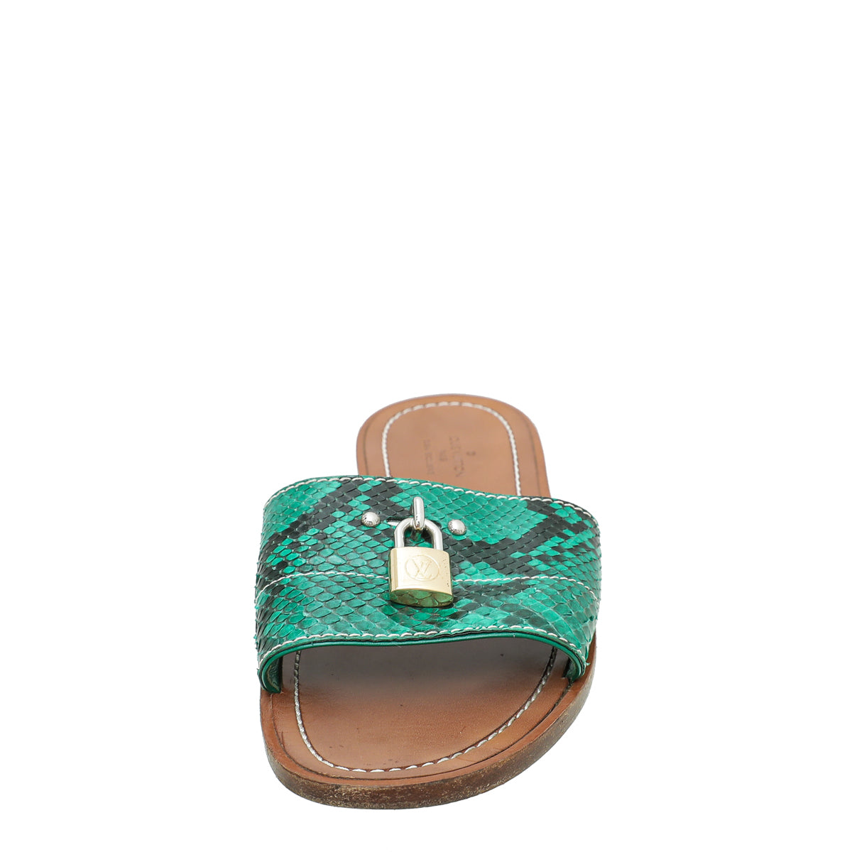 Louis Vuitton Green Python Dubai Exclusive Lock IT Flat Mules 37-Louis Vuitton-THE CLOSET