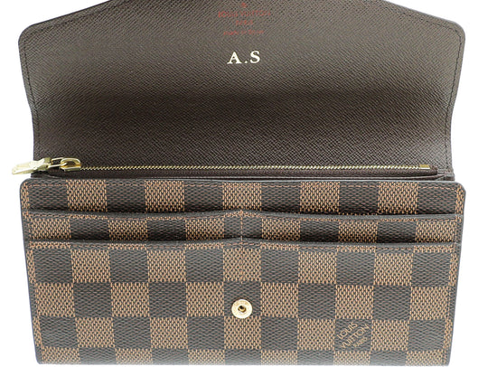 Louis Vuitton Damier Ebene Sarah Wallet Brown Leather Interior SK initials