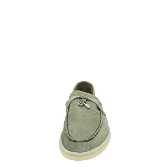 Loro Piana Army Grey Summer Charms Moccasin Loafer 37.5