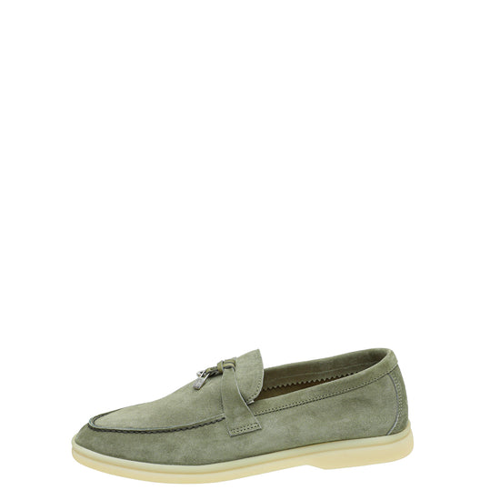 Loro Piana Army Grey Summer Charms Moccasin Loafer 37.5