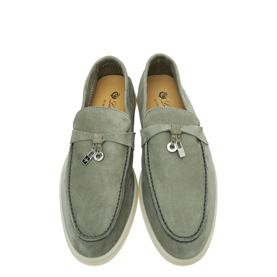 Loro Piana Army Grey Summer Charms Moccasin Loafer 37.5