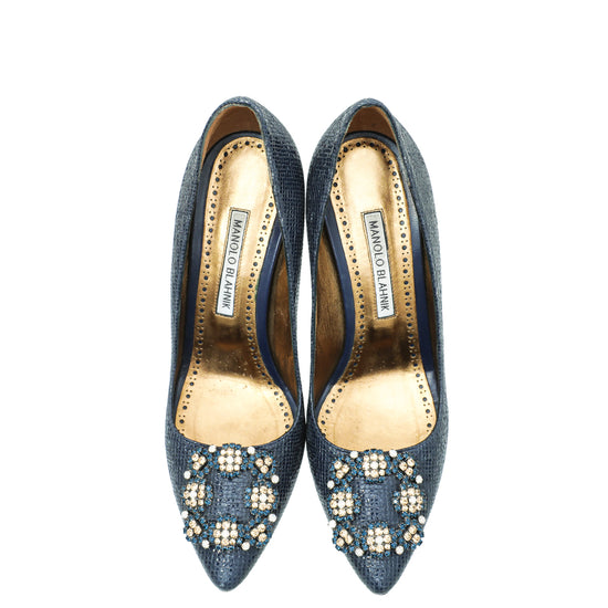 Manolo Blahnik Navy Hangisi Pumps 37