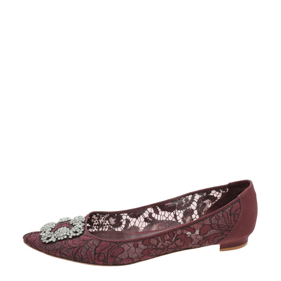 Manolo Blahnik Burgundy Hangisi Lace Flat Ballerina 41