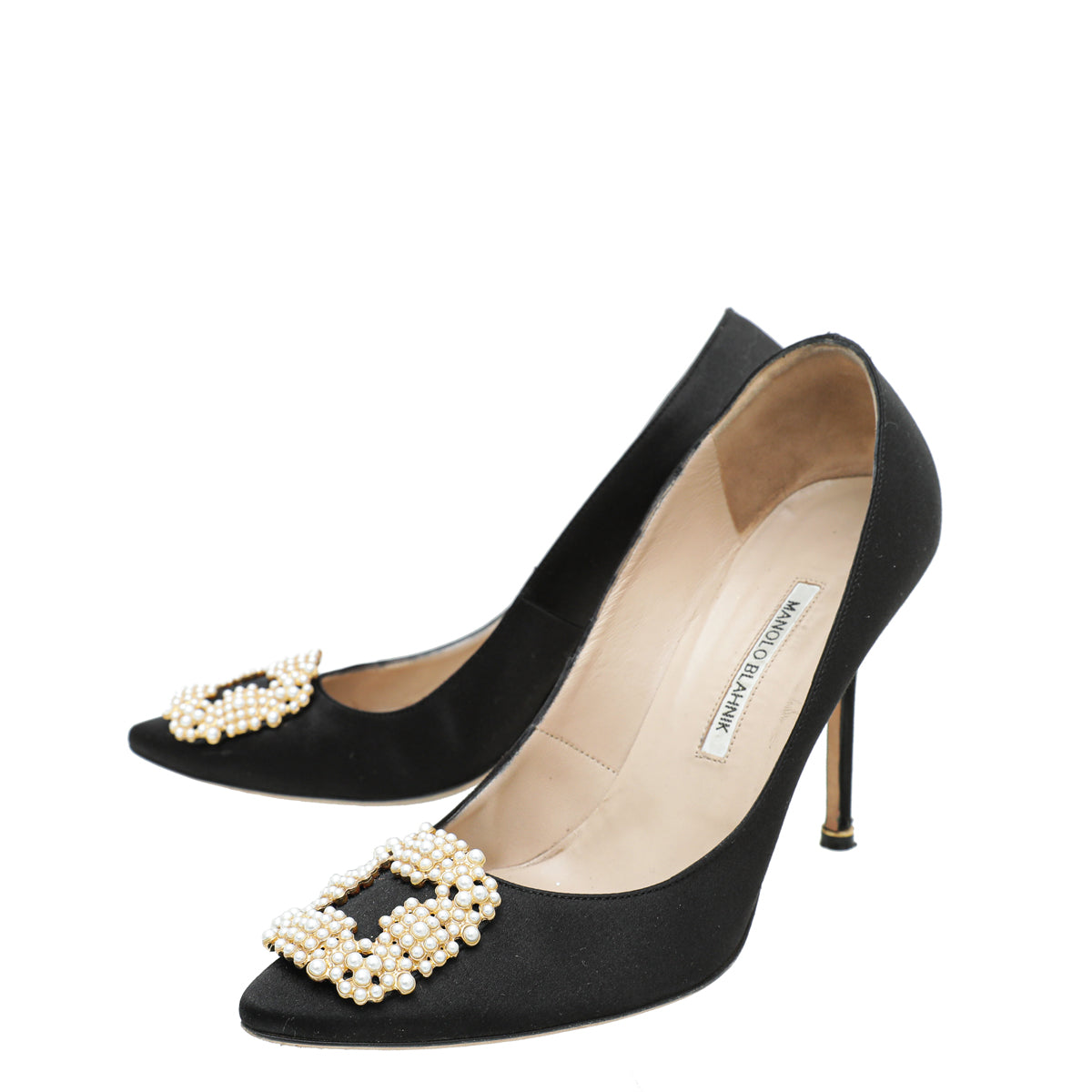 Manolo Blahnik Black Satin Hangisi Pearl Buckle Pump 41-Manolo Blahnik-THE CLOSET