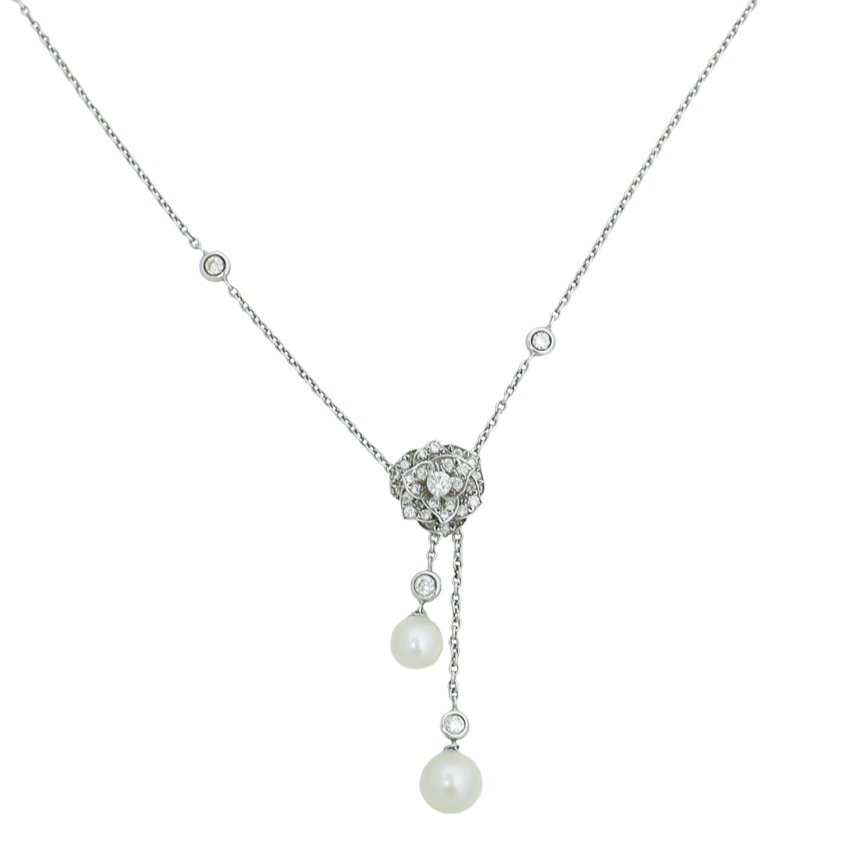 Piaget 18K White Gold Rose Pendant Diamond White Akoya Pearls Necklace-Piaget-THE CLOSET