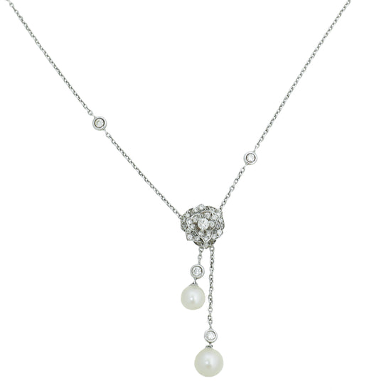 Piaget 18K White Gold Rose Pendant Diamond White Akoya Pearls Necklace