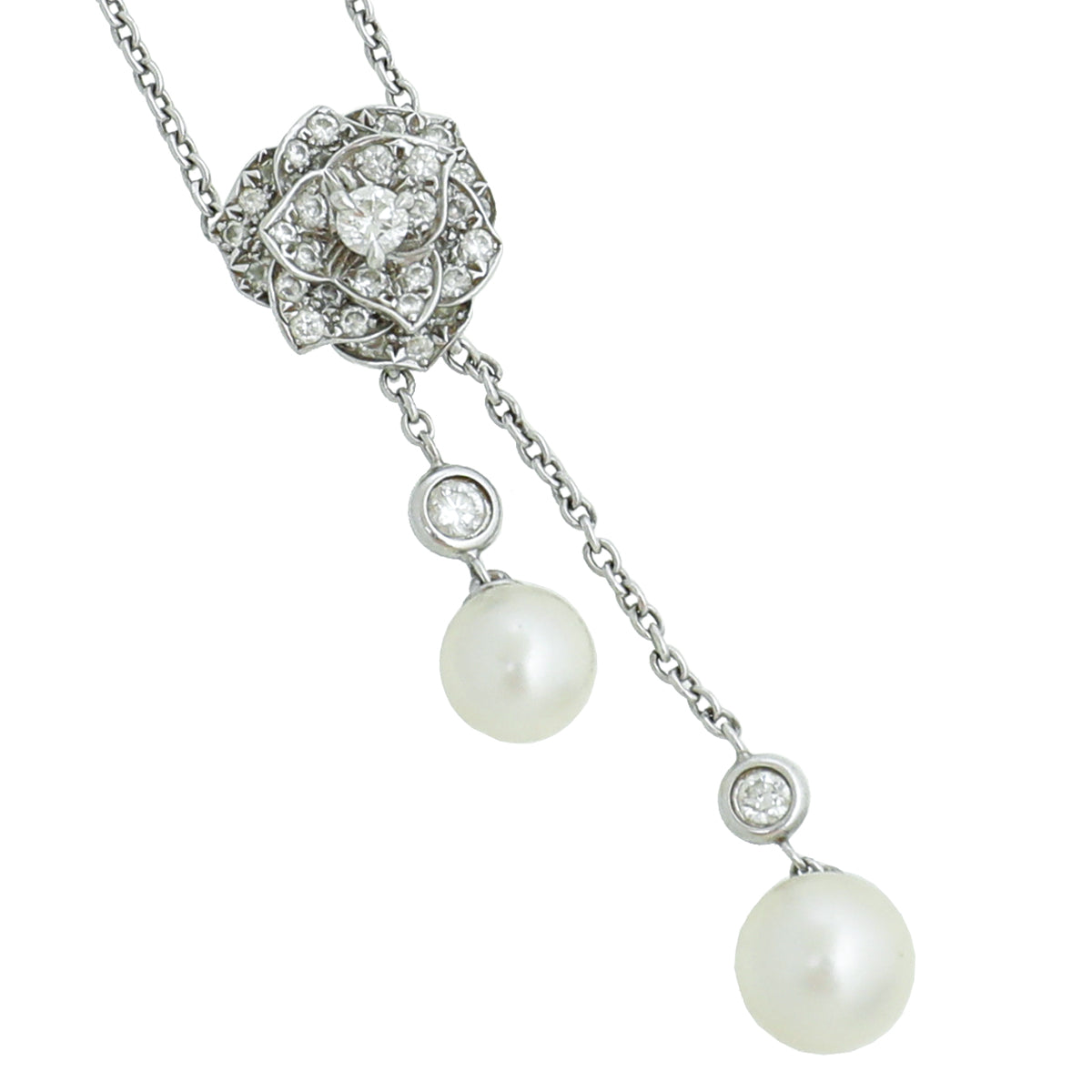 Piaget 18K White Gold Rose Pendant Diamond White Akoya Pearls Necklace-Piaget-THE CLOSET