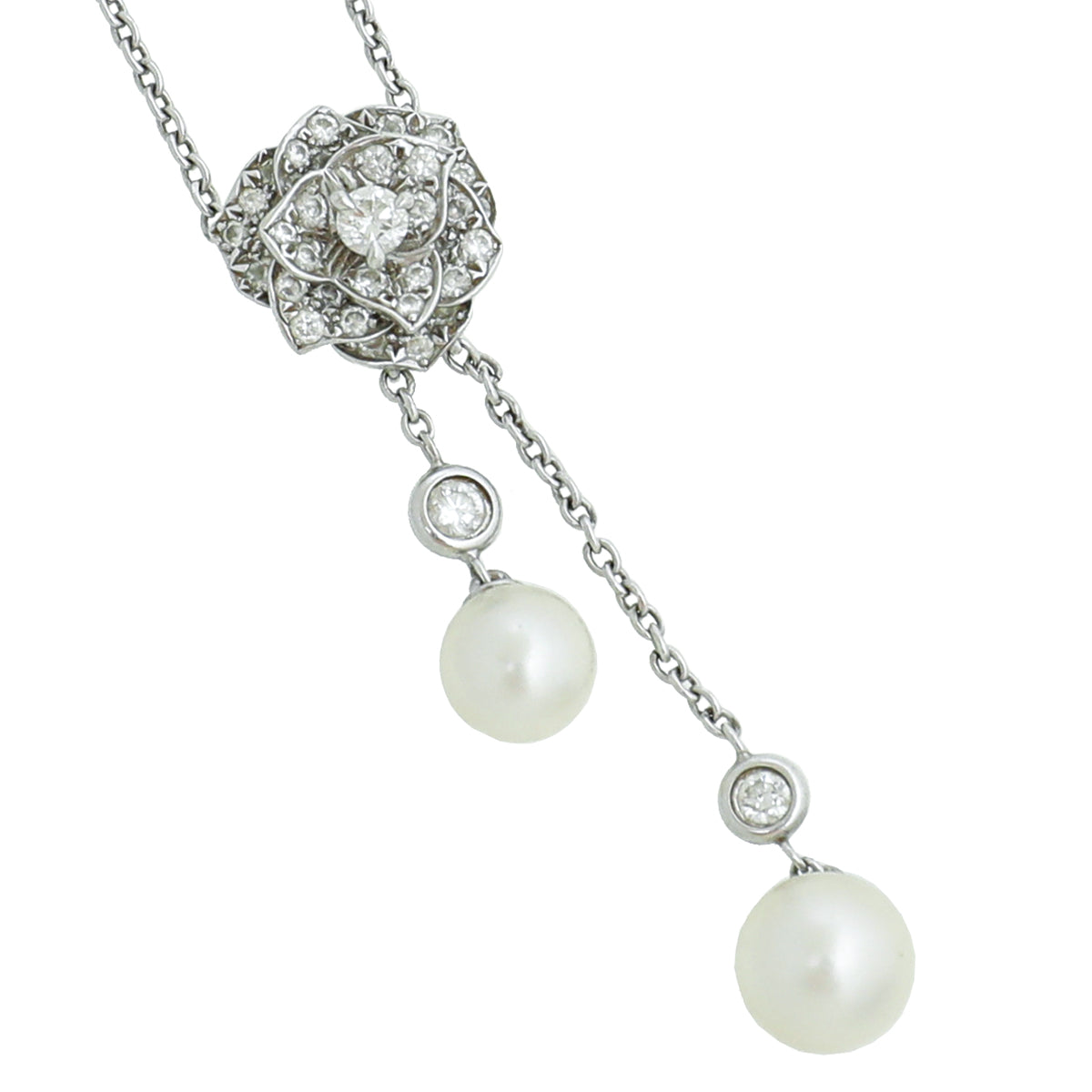 Piaget 18K White Gold Rose Pendant Diamond White Akoya Pearls Necklace