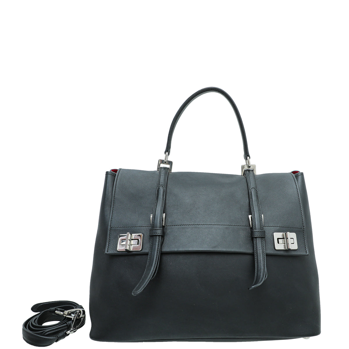 Prada Black Lux Double Twist Top Handle Satchel Large Bag-Prada-THE CLOSET