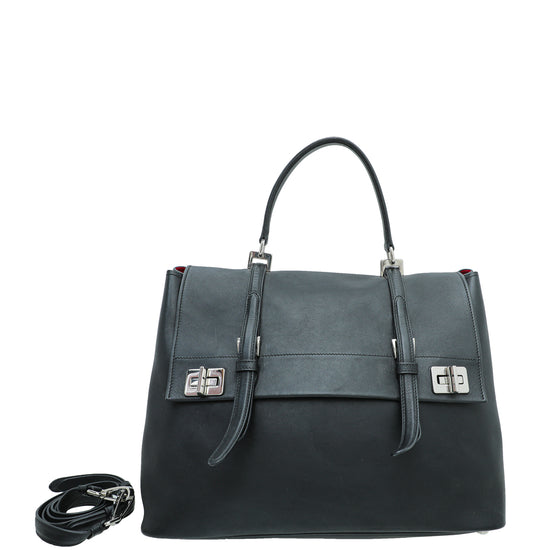 Prada Black Lux Double Twist Top Handle Satchel Large Bag