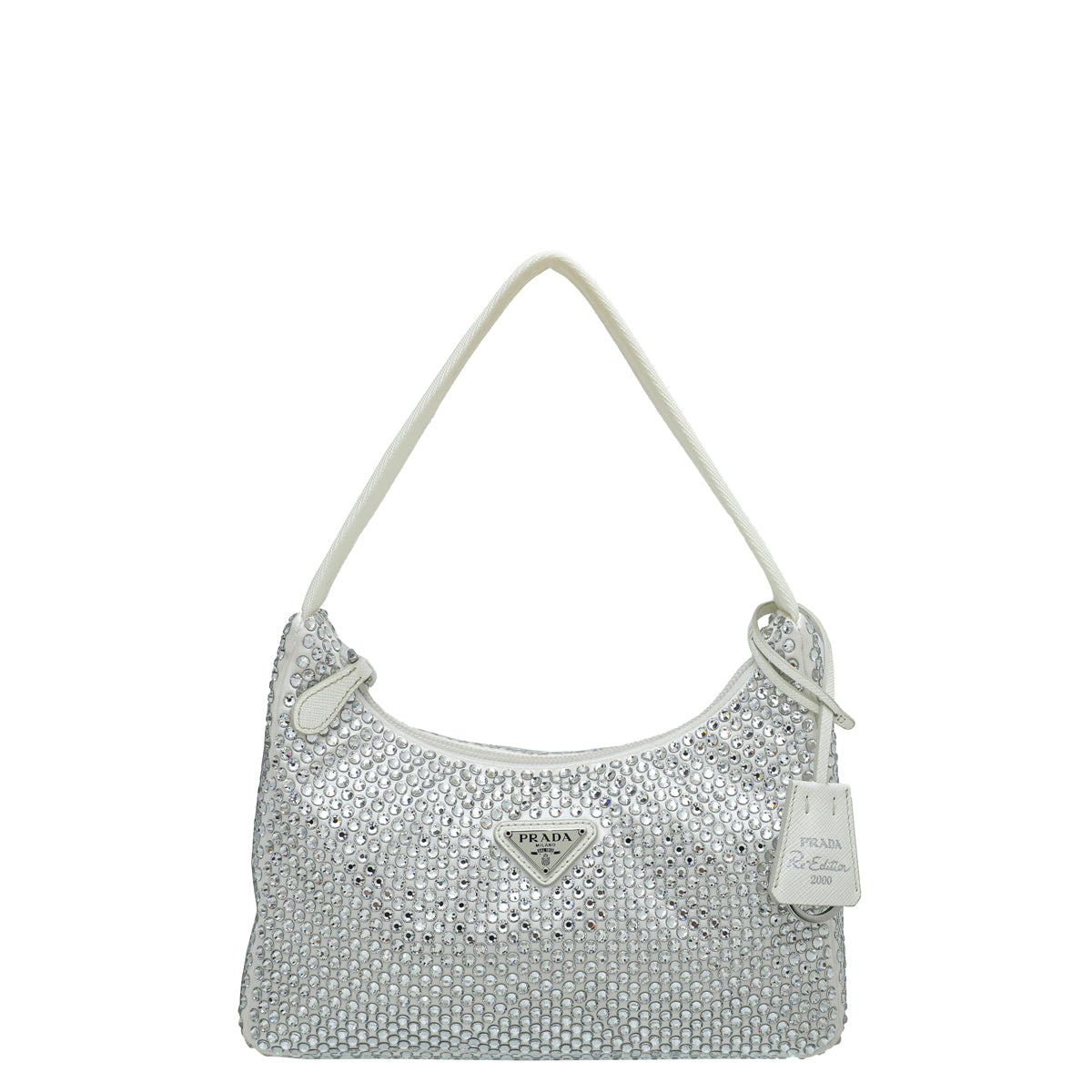 Prada White Satin Re-Edition 2000 Mini Bag w/Artificial Crystal-Prada-THE CLOSET