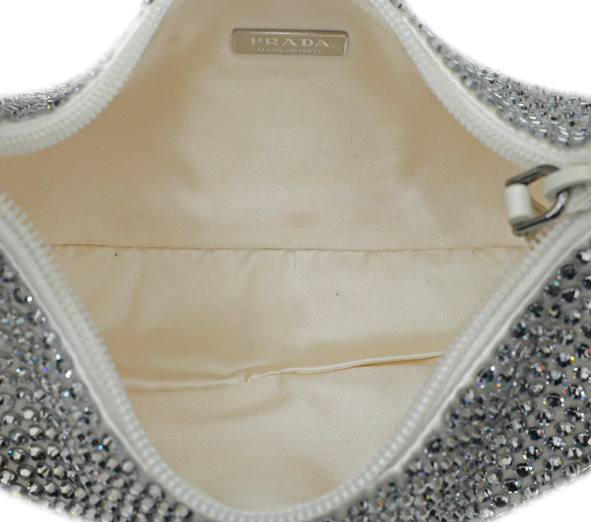 Prada White Satin Re-Edition 2000 Mini Bag w/Artificial Crystal