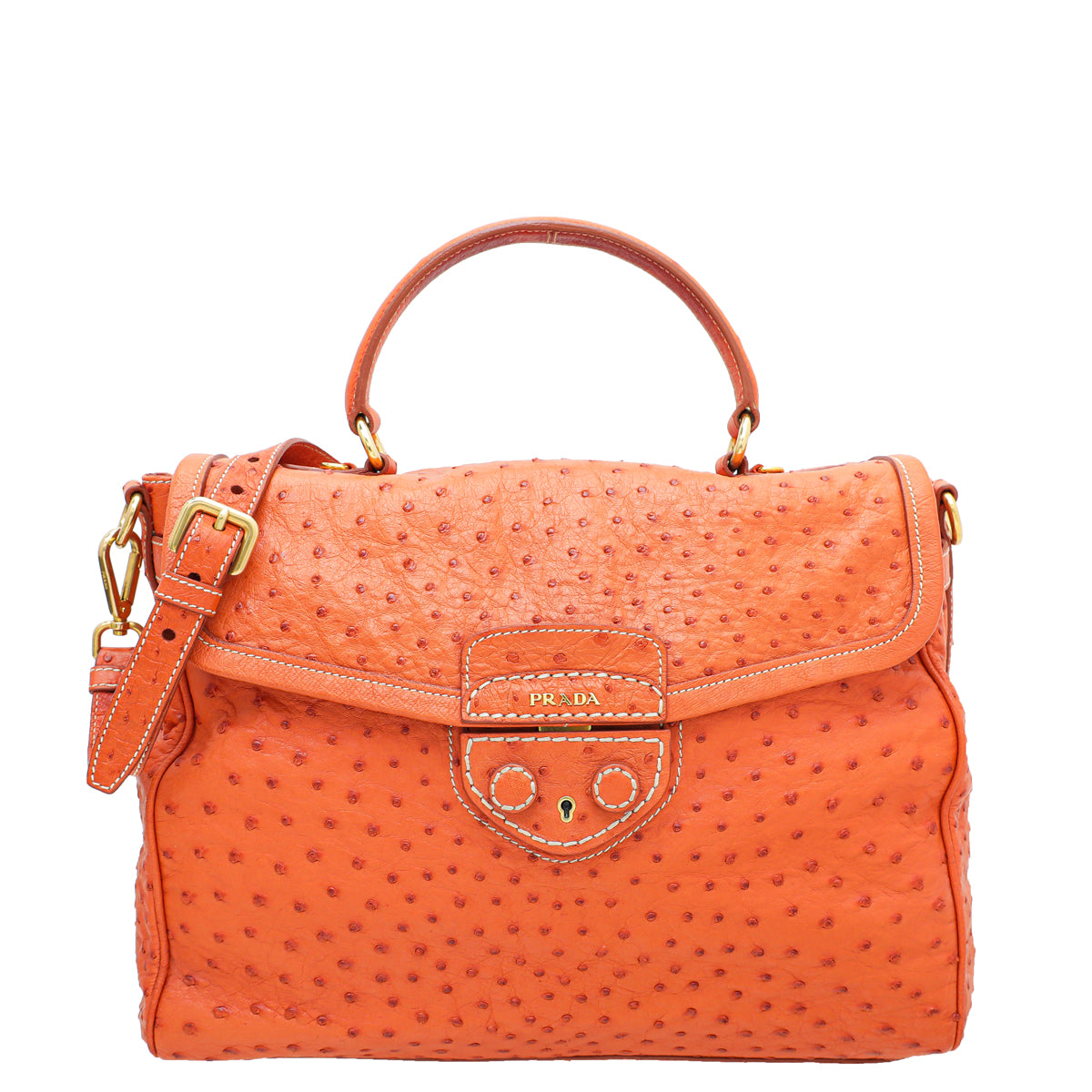 Prada Orange Ostrich Top Handle Flap Large Bag-Prada-THE CLOSET