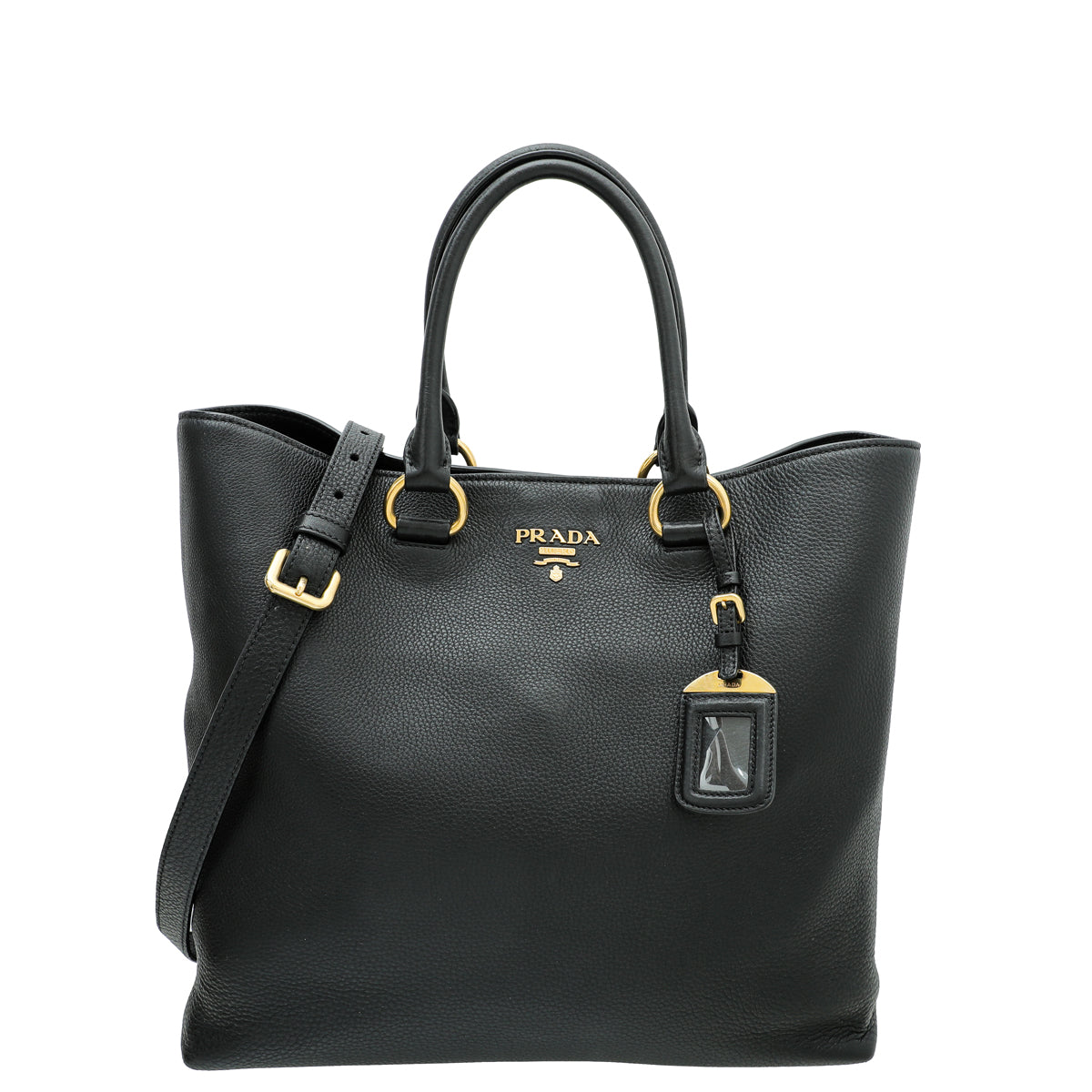 Prada Black Vitello Daino Vertical Convertible Tote Bag-Prada-THE CLOSET