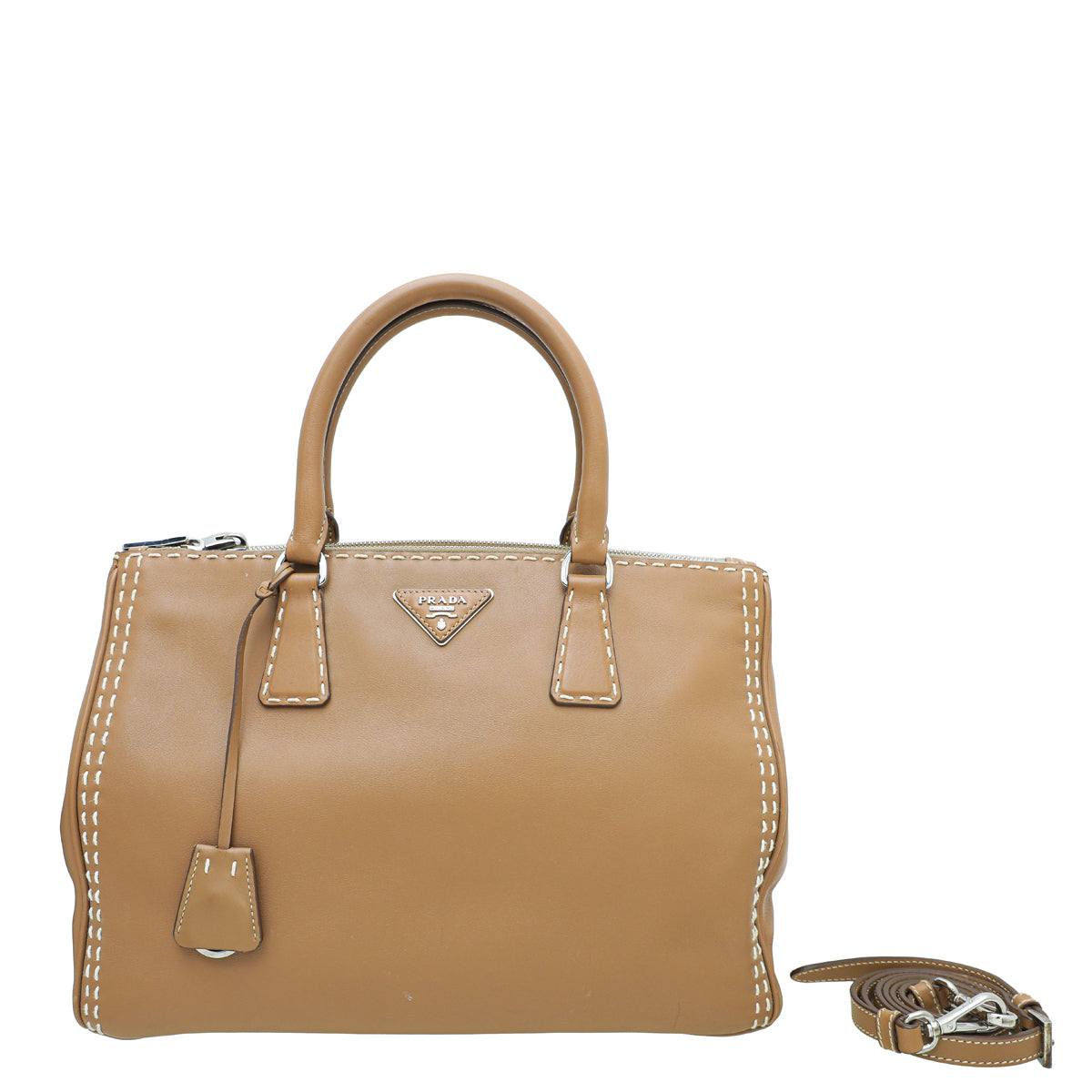 Prada Caramel Top Stitched City Double Zipped Tote Bag-Prada-THE CLOSET