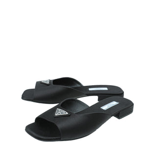 Prada Black Logo Satin Slide Flat Sandal 38