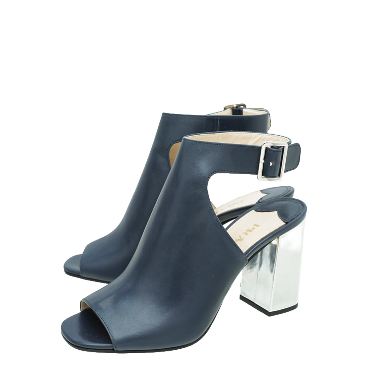 Prada Blue Peep Toe Ankle Strap Block Heel Booties 38