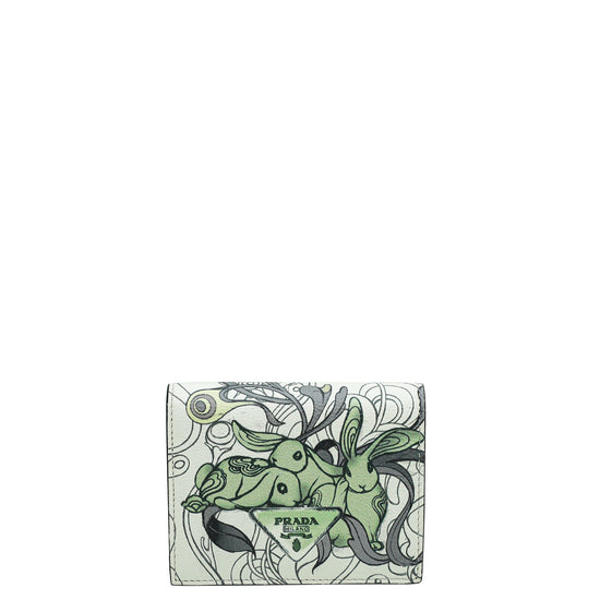 Prada White Multicolor Glace Rabbit Print Bifold Wallet