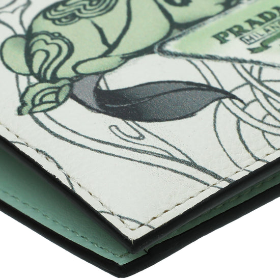 Prada White Multicolor Glace Rabbit Print Bifold Wallet