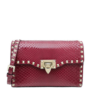 Valentino Maroon Python Rockstud Flip Lock Small Crossbody Bag