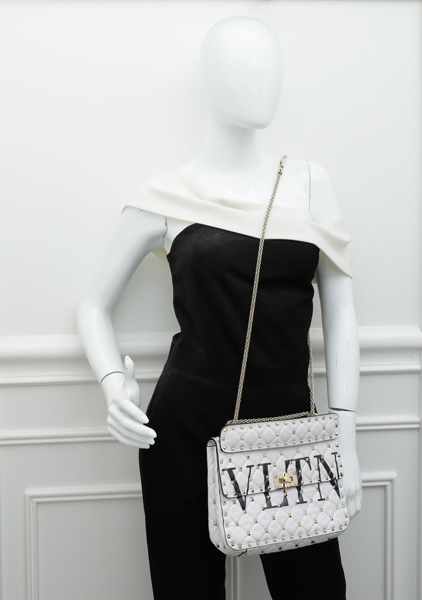 Valentino White VLTN Spike Rockstud Medium Flap Bag
