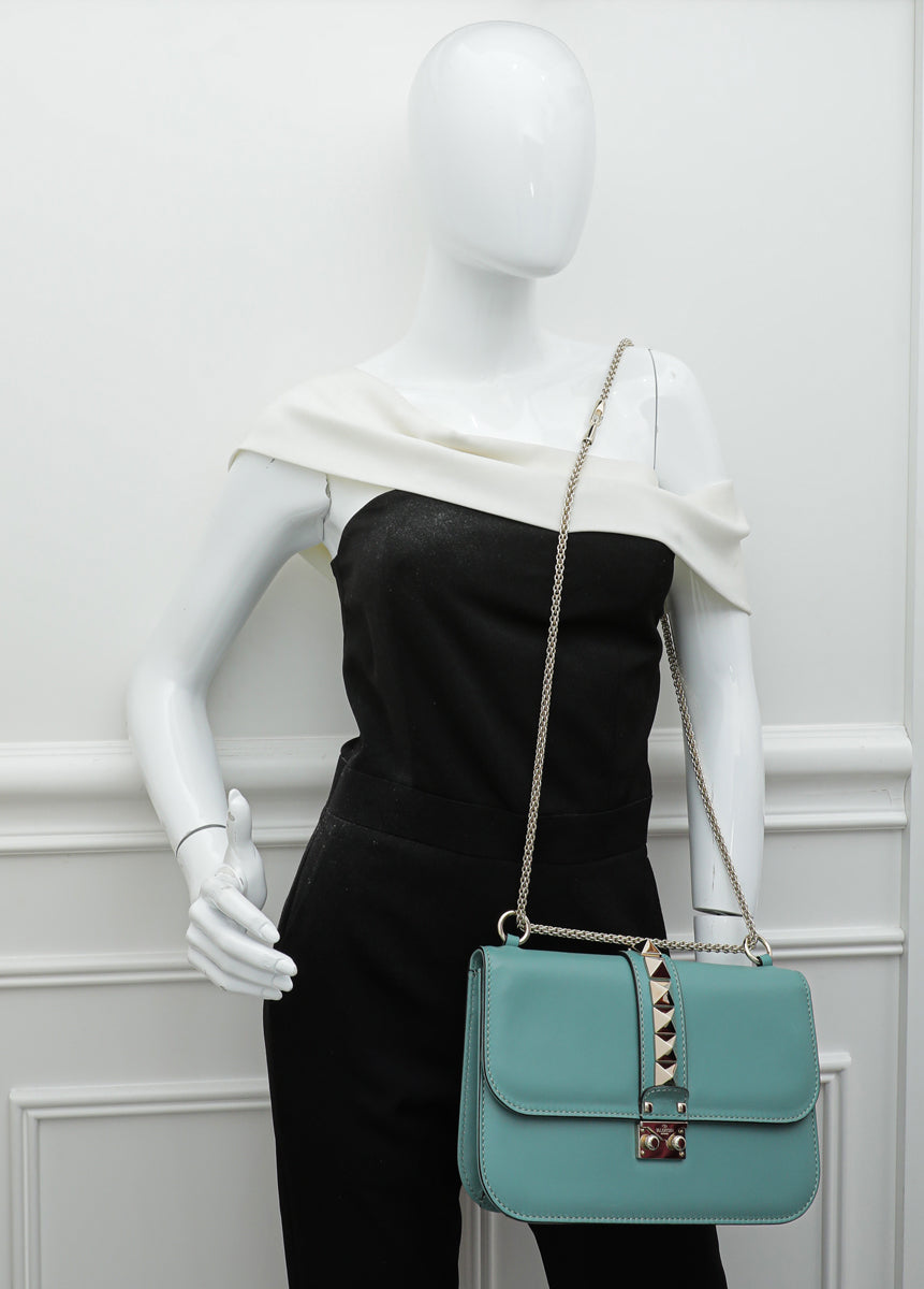 Valentino Aqua Green Glamlock Rockstud Medium Flap Chain Bag