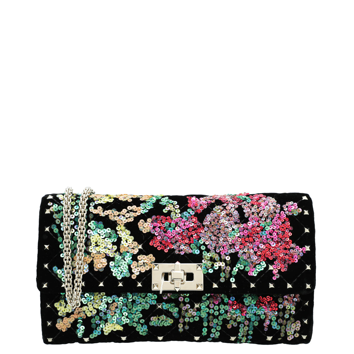 Valentino Black Multicolor Velvet Sequins Spike Rockstud Wallet On Chain-Valentino-THE CLOSET